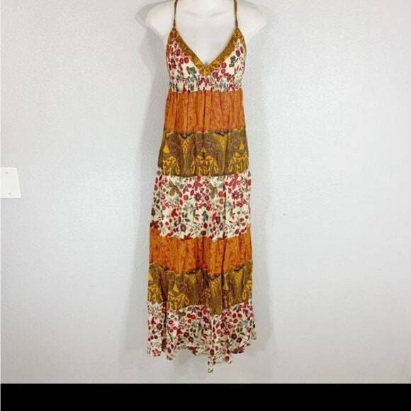 ANGIE BOHO GOLD FLORAL MAXI DRESS SMALL/MEDIUM 100% RAYON - Picture 1 of 6